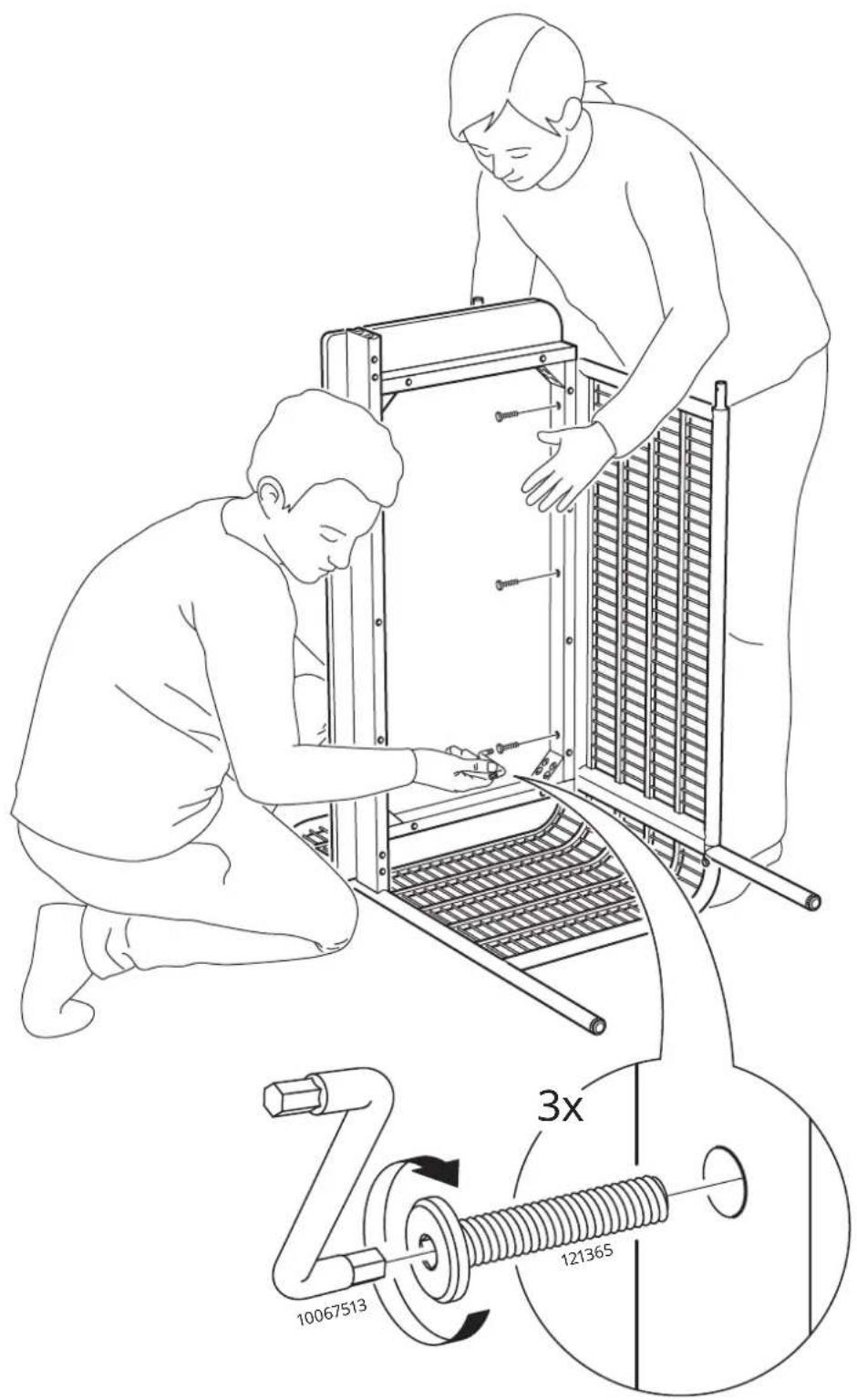 Technical diagram showing two workers assembling a mechanical device with labeled parts and a 3x speed indicator.