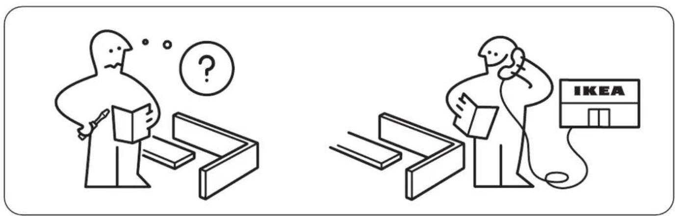 Illustration comparing two scenes: one showing a person reading and thinking with a question mark, the other showing a person holding a package next to an IKEA store.