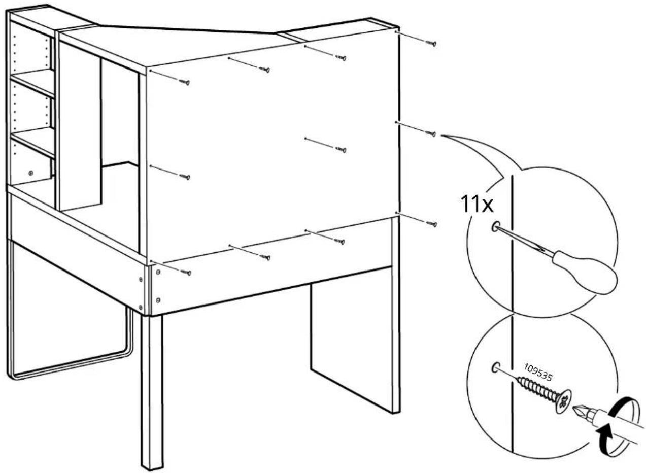 Technical diagram of a cabinet with labeled parts and 11x magnified detail showing screw fastening details
