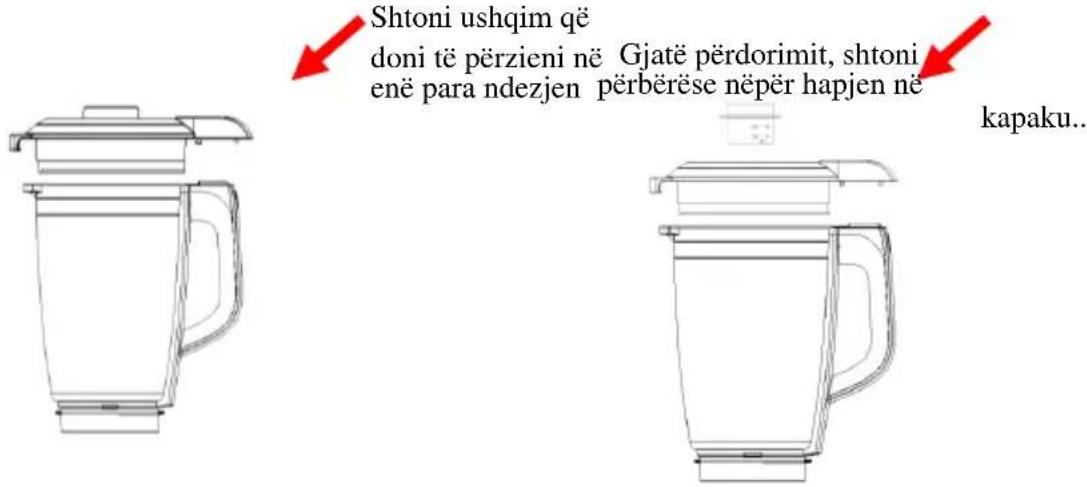 Shtoni ushqim që doni të përzieni në Gjatë përdorimit, shtoni enë para ndezjen përbërëse nëpër hapjen në kapaku..