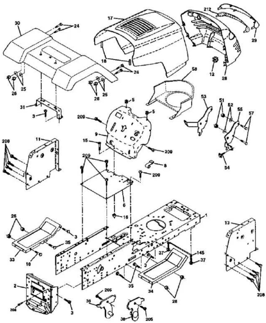 Technical diagram of a mechanical assembly with numbered components and exploded views