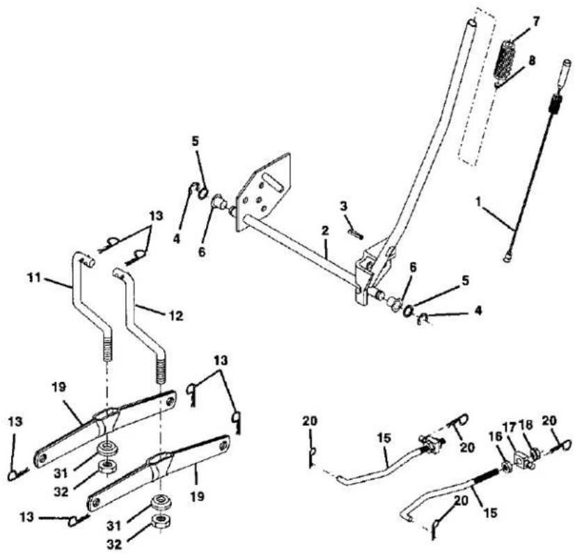 Technical diagram of a mechanical linkage system with numbered components and assembly details