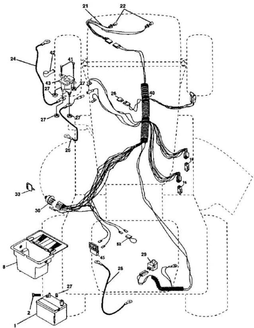 Technical diagram of an automotive electrical wiring harness with numbered components and labeled parts