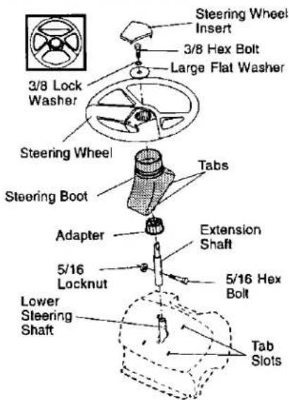 Steering Wheel Insert 3/8 Hex Bolt Large Flat Washer 3/8 Lock Washer Steering Wheel Steering Boot Tabs Adapter Extension Shaft 5/16 Locknut 5/16 Hex Bolt Lower Steering Shaft Tab Slots