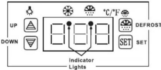 UP DOWN 8:8:8 °C/°F DEFROST SET SET Indicator Lights
