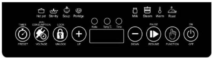 Hot pot Skin-fry Soup Portidge Milk Steam Warm Roast TIMER KSH CONSUMPTION LOCK Wats Jump C Time Preset VOLTAGE UNLOCK UP - DOWN PAUSE RESUME FUNCTION ON OFF