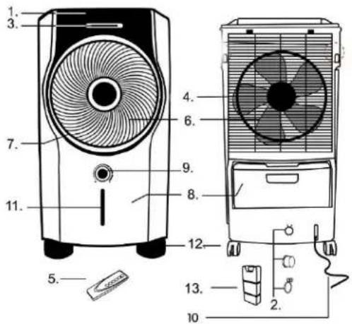 Technical diagram of an air conditioner unit with numbered parts for identification