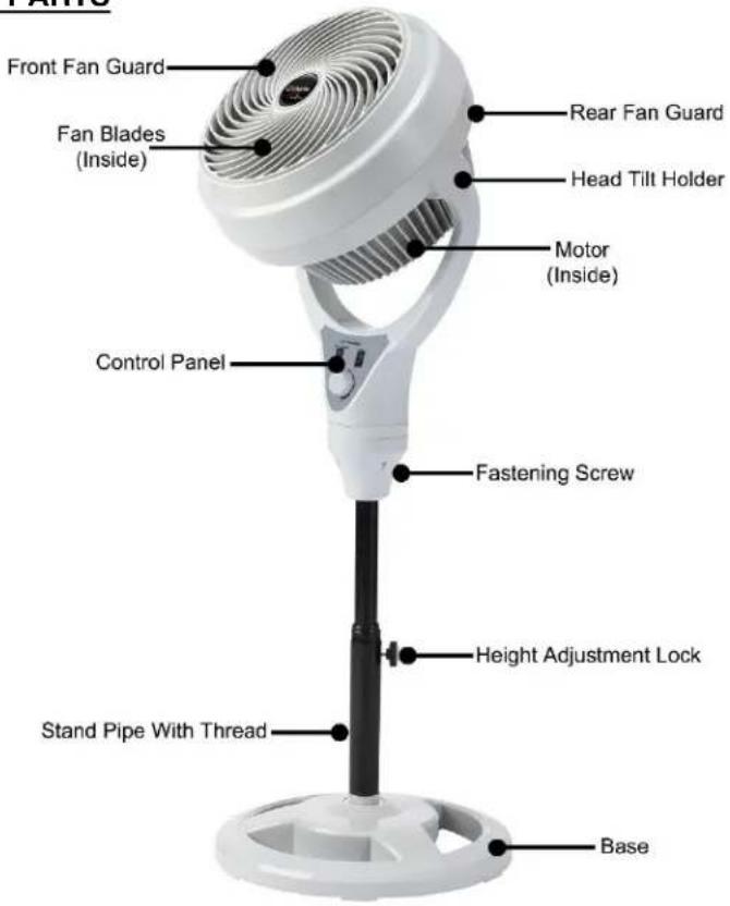 Front Fan Guard Fan Blades (Inside) Rear Fan Guard Head Tilt Holder Motor (Inside) Control Panel Fastening Screw Height Adjustment Lock Stand Pipe With Thread Base