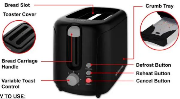 Bread Slot Toaster Cover Crumb Tray Bread Carriage Handle Variable Toast Control Defrost Button Reheat Button Cancel Button W TO USE: