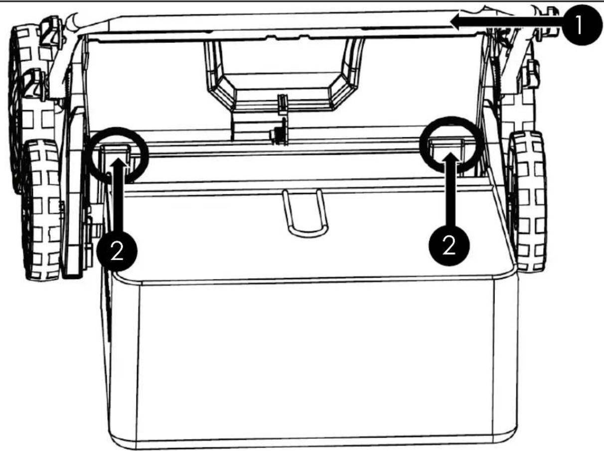Technical diagram of a vehicle chassis with labeled parts and directional arrows indicating movement or assembly.