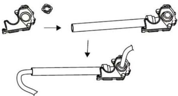 Technical diagram showing mechanical assembly steps with component illustrations and directional arrows