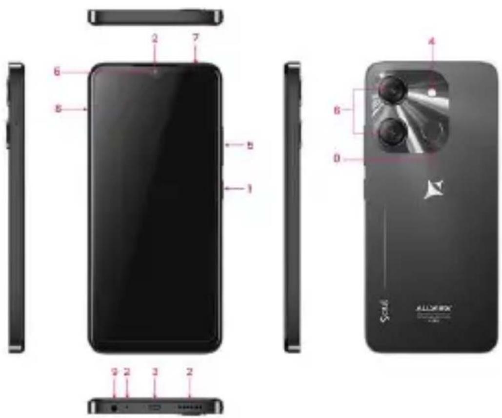 Exploded view diagram of a smartphone showing front, back, and internal components with numbered labels