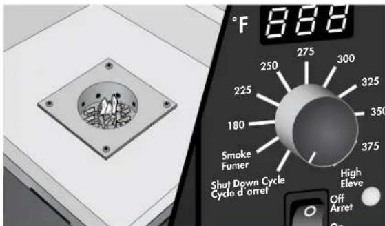 °F 888 250 275 300 225 325 180 350 Smoke Fumer 375 Shut Down Cycle Cycle d'arret High Eleve Off Arret