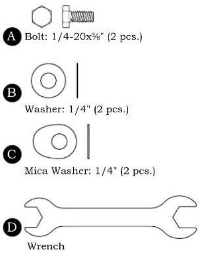 A Bolt: 1/4-20x3⁄8" (2 pcs.) B Washer: 1/4" (2 pcs.) C Mica Washer: 1/4" (2 pcs.) D Wrench