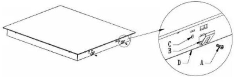 Technical diagram showing a rectangular component with labeled parts A, B, C, D and an inset view of a device with labeled components.