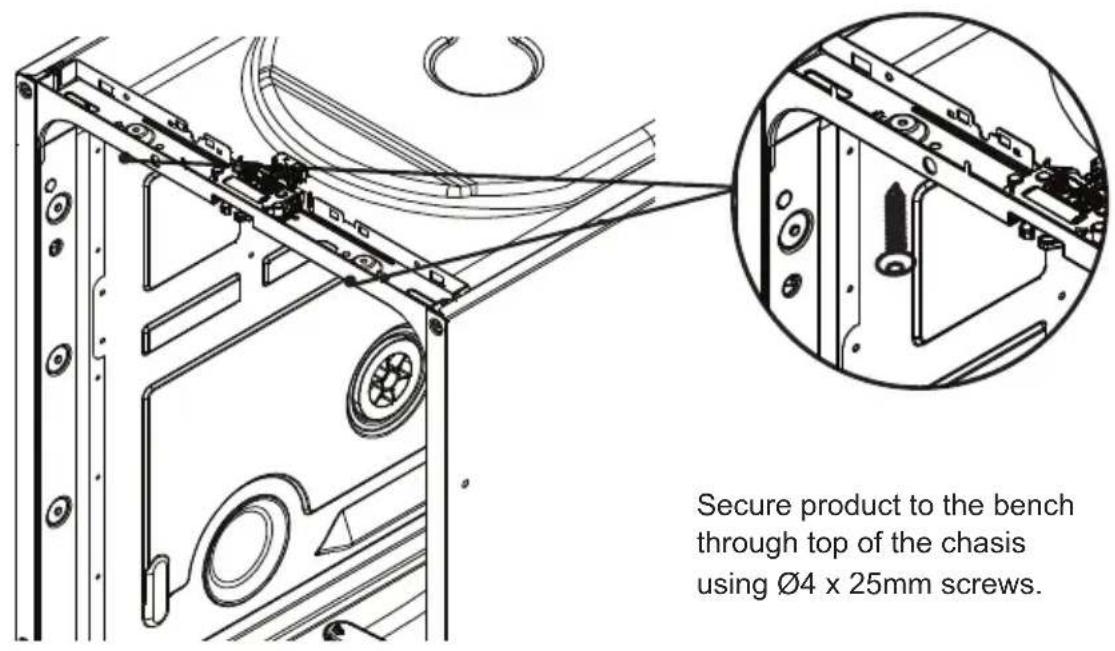 Secure product to the bench through top of the chassis using Ø4 x 25mm screws.