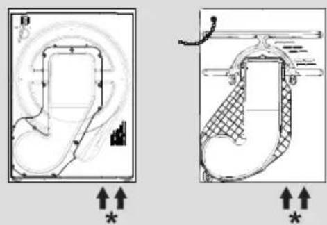 Technical diagram showing two mechanical or electrical component cross-sections with dimension annotations and directional arrows, including symbols like 'B' and '*'.