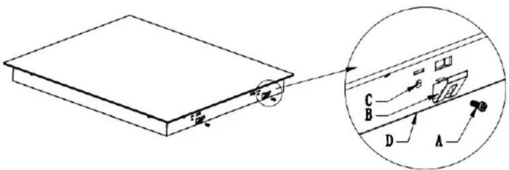 Technical diagram showing a device with labeled components A, B, C, D and an inset view of the component with a magnified view.