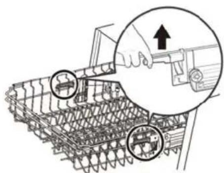 Technical diagram showing a hand operating a tracked vehicle with two circular annotations highlighting specific positions.