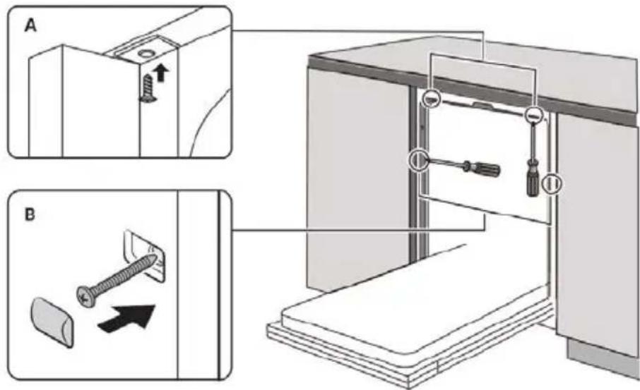 Technical diagram showing two steps (A and B) of a mechanical assembly with screw fasteners and a sliding mechanism, labeled in Chinese.
