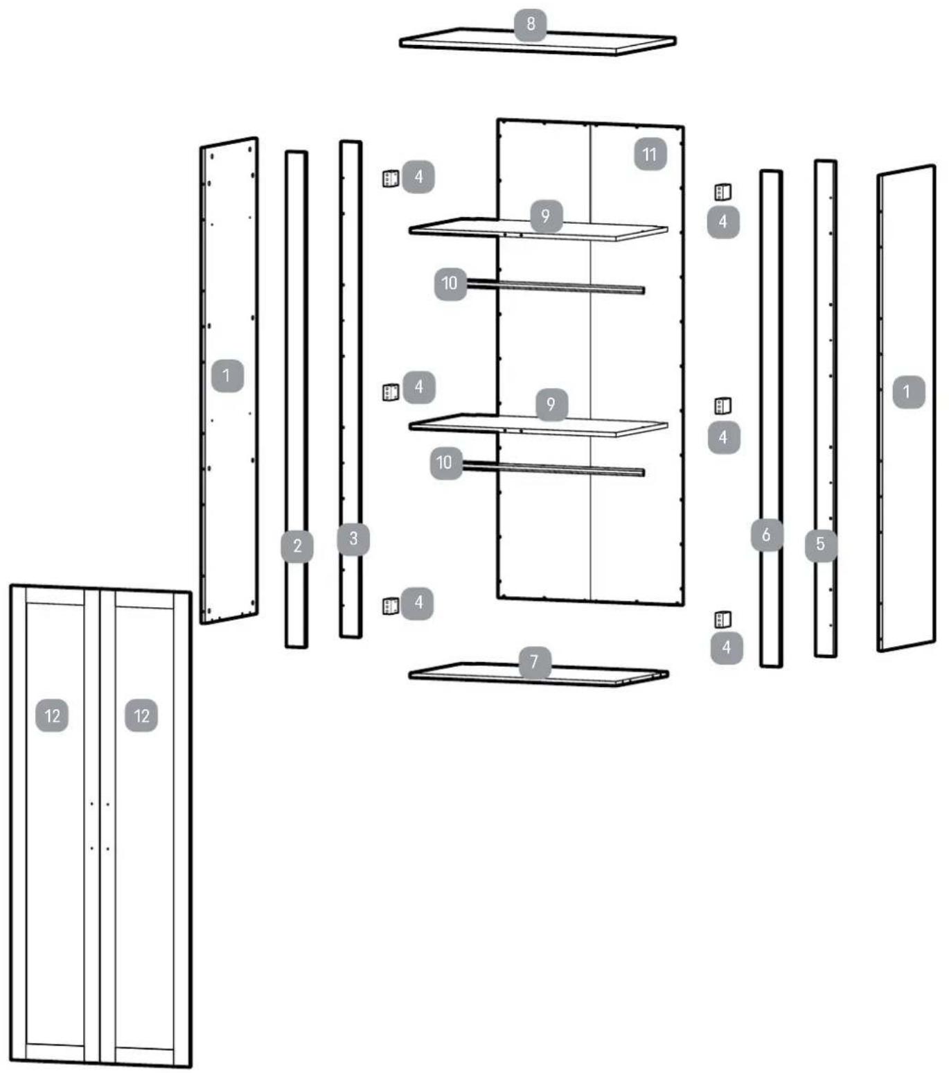 Diagram of a multi-level storage cabinet with numbered compartments and labeled parts