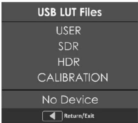 USB LUT Files USER SDR HDR CALIBRATION No Device Return/Exit