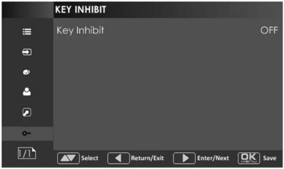 KEY INHIBIT Key Inhibit OFF 1/1 Select Return/Exit Enter/Next OK Save