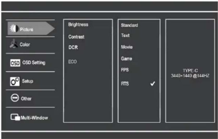 Picture Color OSD Setting Setup Other Multi-Window Brightness Contrast DCR ECO Standard Text Movie Game FPS RTS TYPE-C 3440×1440 @144HZ
