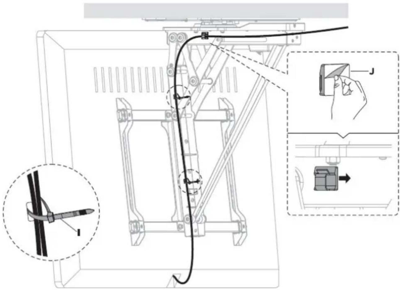 Technical diagram showing mechanical assembly with labeled components and a close-up of a tool interacting with a device.