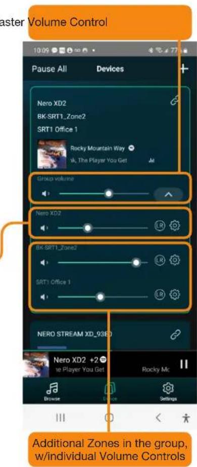 Master Volume Control 10:09 Pause All Devices Nero XD2 BK-SRT1_Zone2 SRT1 Office 1 Rocky Mountain Way wk, The Player You Get Group volume Nero XD2 BK-SRT1_Zone2 SRT1 Office 1 NERO STREAM XD_93ED Nero XD2 +2 ie Player You Get R Rocky Mc Browse Device Settings Additional Zones in the group, w/individual Volume Controls