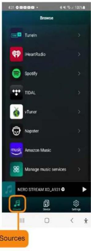 Browse Tuneln iHeartRadio Spotify TIDAL vTuner Napster music Amazon Music Manage music services NERD STREAM XD_A931 Sources
