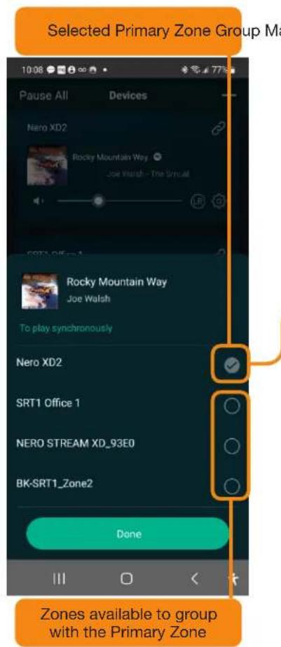 Selected Primary Zone Group Ma Pause All Devices Nero XD2 Rocky Mountain Way Joe Walsh - The Simual Rocky Mountain Way Joe Walsh To play synchronously Nero XD2 SRT1 Office 1 NERO STREAM XD_93E0 BK-SRT1_Zone2 Done Zones available to group with the Primary Zone