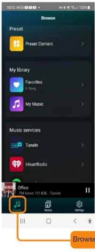 Browse Preset Preset Content > My library Favorites & Song > My Music > Music services Tuneln > iHeartRadio > Office FM News 101 KXL - TuneIn Browse Settings Browse