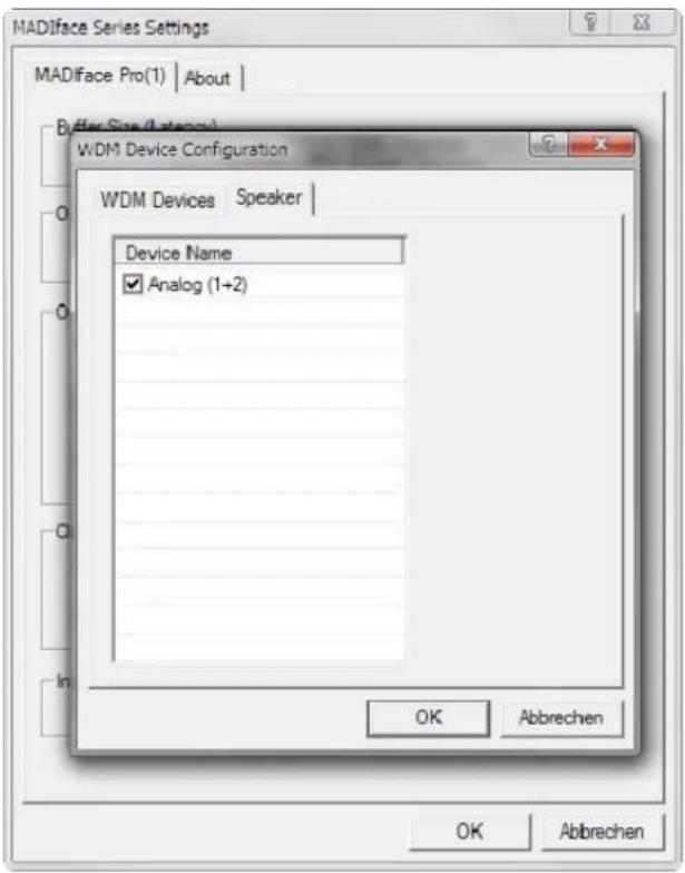 MADiface Series Settings MADiface Pro(1) | About | Buffer Size (Lateral) WDM Device Configuration WDM Devices Speaker Device Name ✓ Analog (1+2) OK Abbrevchen OK Abbrevchen