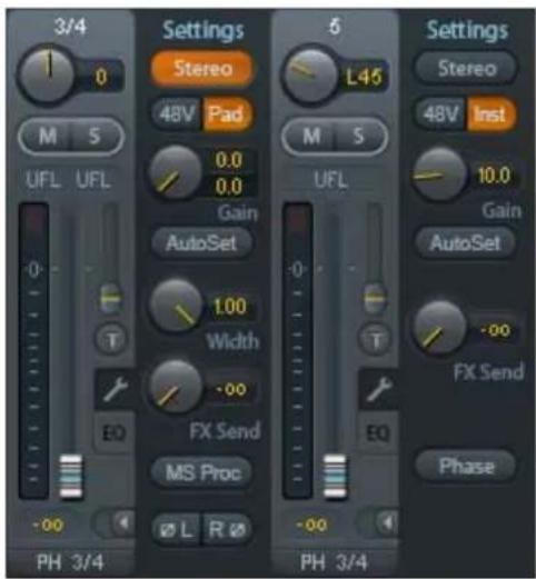 3/4 Settings Stereo 48V Pad 0.0 0.0 Gain AutoSet 1.00 Width -00 FX Send MS Proc L 45 UFL 5 M S UFL Settings Stereo 48V Inst 10.0 Gain AutoSet -00 FX Send Phase -00 PH 3/4 PH 3/4
