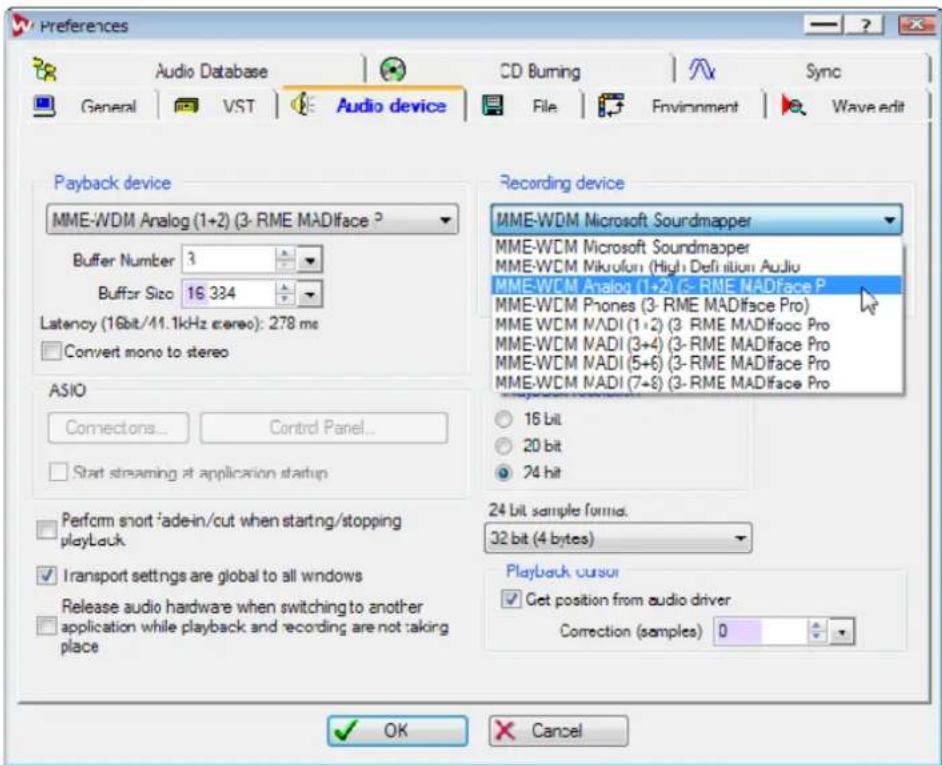Preferences Audio Database General VST Audio device CD Burning Sync File Environment Wave edit Payback device MME-WDM Analog (1+2) (3- RME MADface ? Buffer Number 3 Buffer Size 16 334 Latency (16bit/41.1kHz stereo): 278 ms Convert mono to stereo ASIO Connections... Control Panel... Start streaming at application startup Perform short fade-in/cut when starting/stopping playLock Transport settings are global to all windows Release audio hardware when switching to another application while playback and recording are not taking place Recording device MME-WDM Microsoft Soundmapper MME-WCM Microsoft Soundmapper MME-WDM Mikuluri (High Definition Audio) MME-WCM Analog (1+2) (3- RME MADface P MME-WCM Phones (3- RME MADface Pro) MME-WCM NADI (1+2) (3- RME MADface Pro MME-WCM NADI (3+4) (3- RME MADface Pro MME-WCM NADI (5+6) (3- RME MADface Pro MME-WCM NADI (7+6) (3- RME MADface Pro 16 bit 20 bit 24 bit 24 bit sample format. 32 bit (4 bytes) Playback cursor Get position from audio driver Correction (samples) 0 OK Cancel