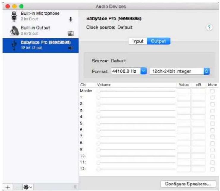 Audio Devices Built-in Microphone 2 in/ 0 out Built-in Output 0 in/ 2 out Babyface Pro (98989898) 12 in/ 12 out Babyface Pro (98989898) Clock source: Default Input Output Source: Default Format: 44100.0 Hz 12ch-24bit Integer Ch Volume Value dB Mute Master 1: 2: 3: 4: 5: 6: 7: 8: 9: 10: 11: 12: Configure Speakers...