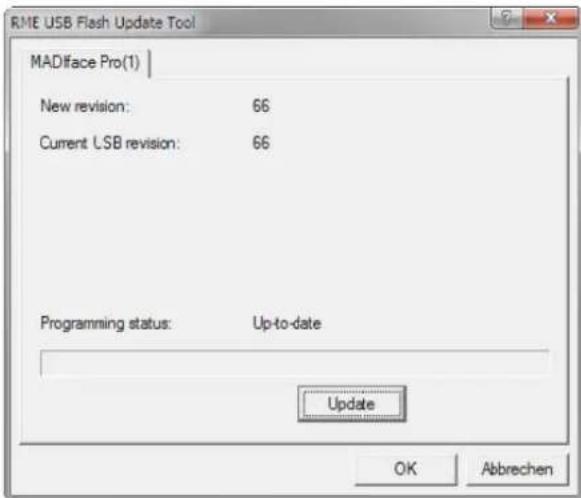 RME USB Flash Update Tool MADface Pro(1) New revision: 66 Current LSB revision: 66 Programming status: Up-to-date Update OK Abbrechen