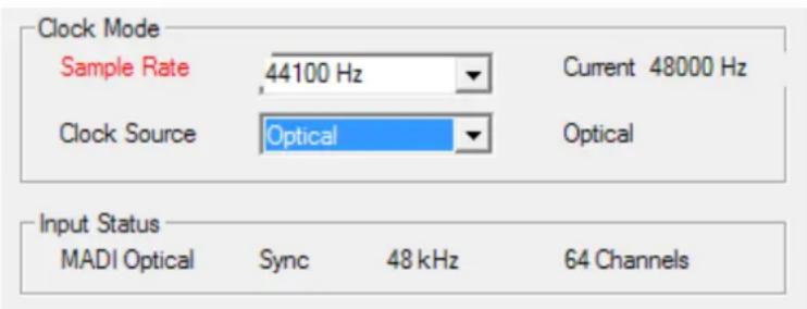 Clock Mode Sample Rate 44100 Hz Current 48000 Hz Clock Source Optical Optical Input Status MADI Optical Sync 48 kHz 64 Channels
