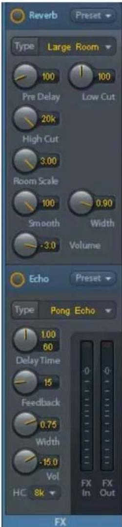 Reverb Preset Type Large Room 100 100 Pre Delay Low Cut 20k High Cut 3.00 Room Scale 100 0.90 Smooth Width -3.0 Volume Echo Preset Type Pong Echo 1.00 0 60 Delay Time 15 Feedback 0.75 Width -15.0 Vol HC 8k FX In FX Out FX