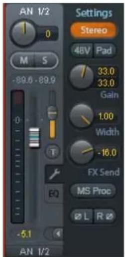 AN 1/2 Settings Stereo 48V Pad 33.0 33.0 Gain 1.00 Width -16.0 FX Send MS Proc Ø L R Ø -89.6 -89.9 -5.1 AN 1/2