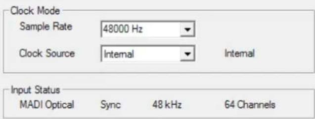 Clock Mode Sample Rate 48000 Hz Clock Source Internal Internal Input Status MADI Optical Sync 48 kHz 64 Channels