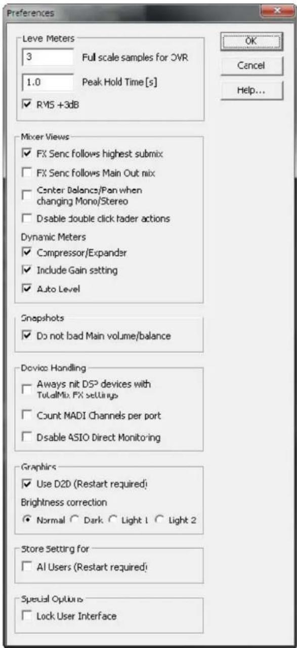 Preferences Leve Meters 3 Full scale samples for OVR 1.0 Peak Hold Time [s] ✓ RMS +3dB Mixer Views ✓ FX Senc follows highest submix ✓ FX Senc follows Main Out mix ✓ Center Balance/Pan when changing Mono/Stereo ✓ Disable double click rader actions Dynamic Meters ✓ Compressor/Expander ✓ Include Gain setting ✓ Auto Level Snapshots ✓ Do not bad Main volume/balance Device Handling ✓ Always nit DSP devices with TotalMix FX sellings ✓ Count MADI Channels per port ✓ Disable ASIO Direct Monitoring Graphics ✓ Use D2D (Restart required) Brightness correction ✓ Normal ○ Dark ○ Light 1 ○ Light 2 Store Setting for ✓ AI Users (Restart required) Special Options ✓ Lock User Interface OK Cancel Help...
