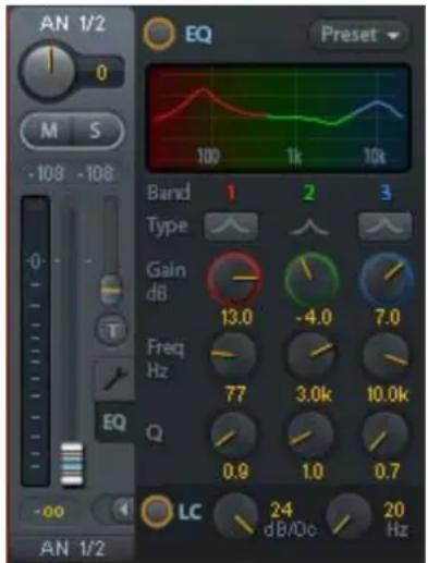 AN 1/2 0 M S -108 -108 EQ Preset 100 1k 10k Band 1 2 3 Type Gain dB 13.0 -4.0 7.0 Freq Hz 77 3.0k 10.0k Q 0.9 1.0 0.7 LC 24 20 dB/0c Hz AN 1/2