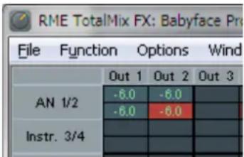 RME TotalMix FX: Babyface Pro File Function Options Wind Out 1 Out 2 Out 3 AN 1/2 -6.0 -6.0 -6.0 -6.0 Instr. 3/4
