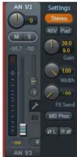 AN 1/2 0 M S -95.7 -110 0 EQ -00 AN 1/2 Settings Stereo 48V Pad 30.0 9.0 Gain 1.00 Width -00 FX Send MS Proc Ø L R Ø