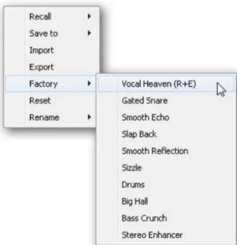 Recall Save to Import Export Factory Reset Rename Vocal Heaven (R+E) Gated Snare Smooth Echo Slap Back Smooth Reflection Sizzle Drums Big Hall Bass Crunch Stereo Enhancer