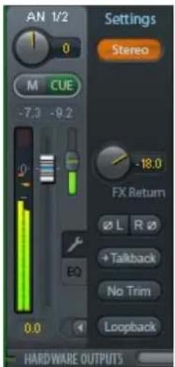 AN 1/2 Settings Stereo M CUE -7.3 -9.2 -18.0 FX Return Ø L R Ø + Taitback No Trim Loopback 0.0 HARDWARE OUTPUTS