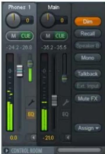 Phones 1 Main Dim Recall Speaker B Mono Talkback Ext. Input Mute FX Assign 0.0 -24.2 -26.8 -35.2 -35.6 EQ -21.0 CONTROL ROOM