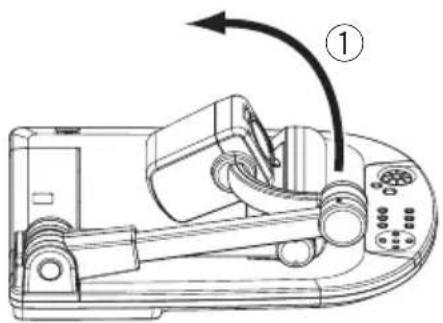 Technical diagram of a mechanical device with labeled component and directional arrow indicating rotation or movement
